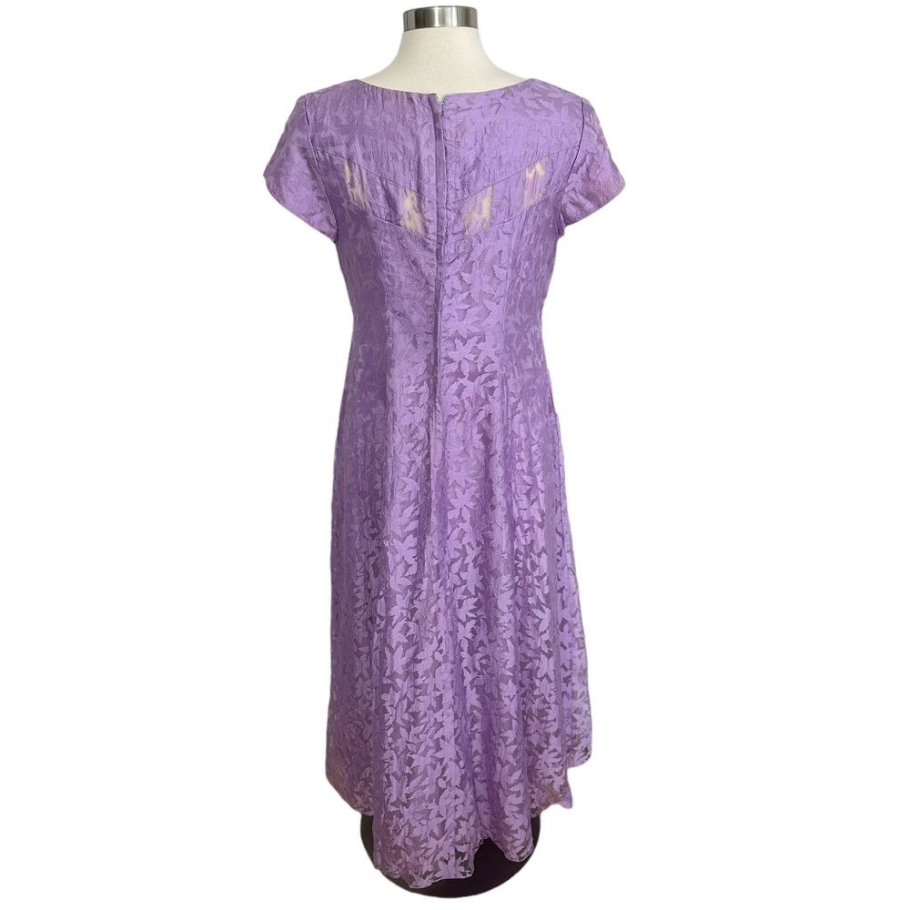 Vtg 1970s Large Lilac Purple Sheer Floral Chiffon Modest Short Sleeve Prom Dress - Picture 5 of 15